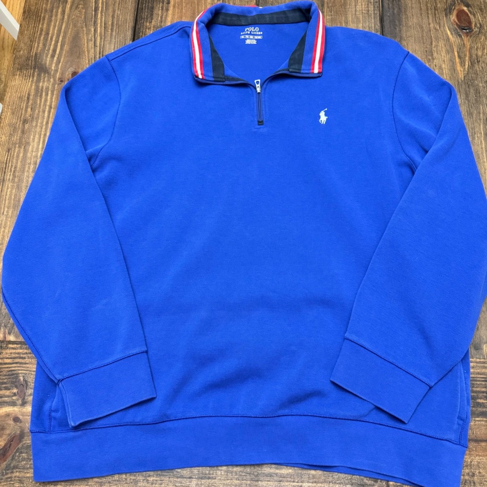 Polo Ralph Lauren Mens XXL Royal Blue Quarter Zip Pullover Striped Collar Pony‎